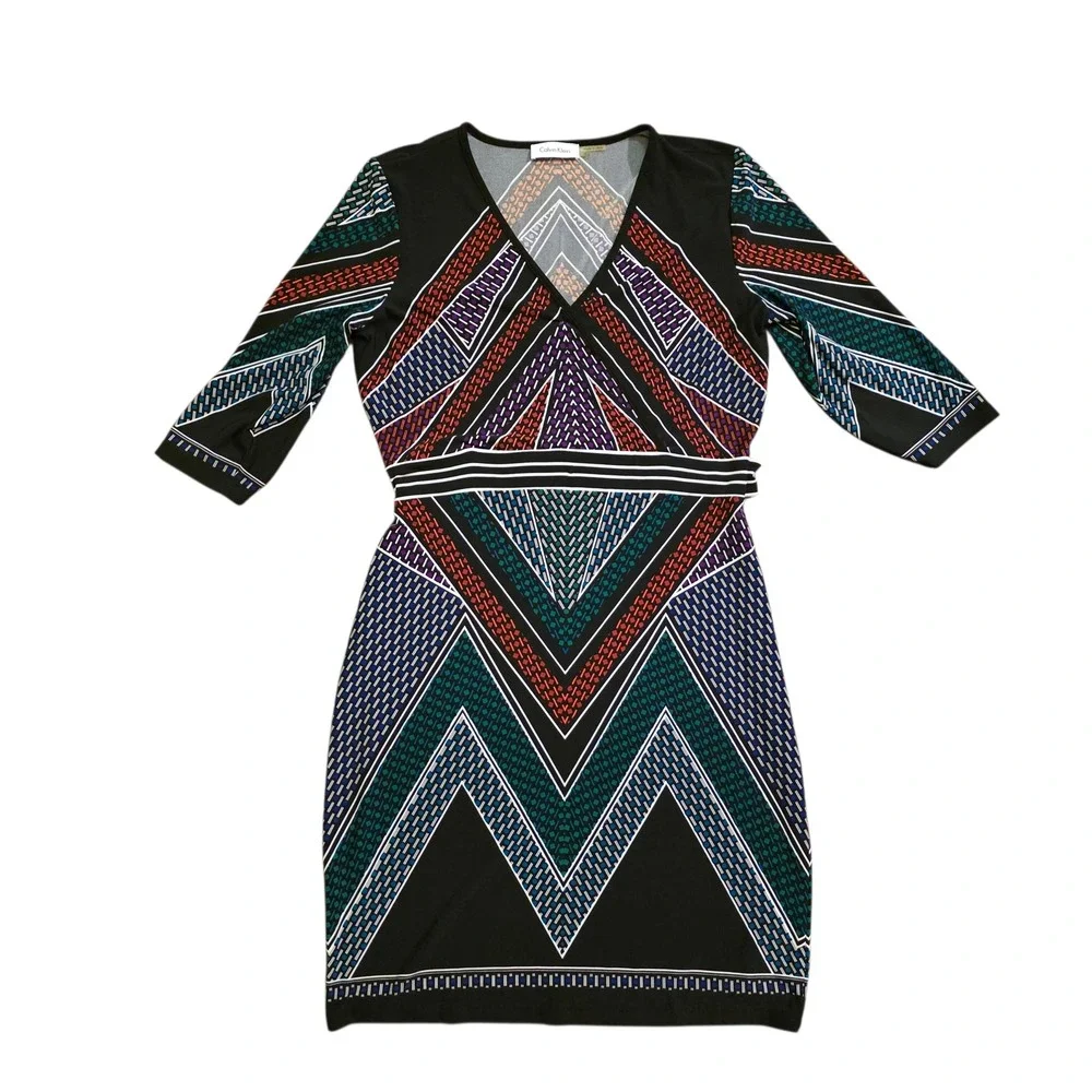 Calvin Klein Geometric Print‎ V Neck 3/4 Sleeve Faux Wrap Dress Women's Size M